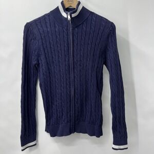 Vtg Foxcroft Women's Cardigan Sweater Cable Knit Supima Preppy Nautical M Navy